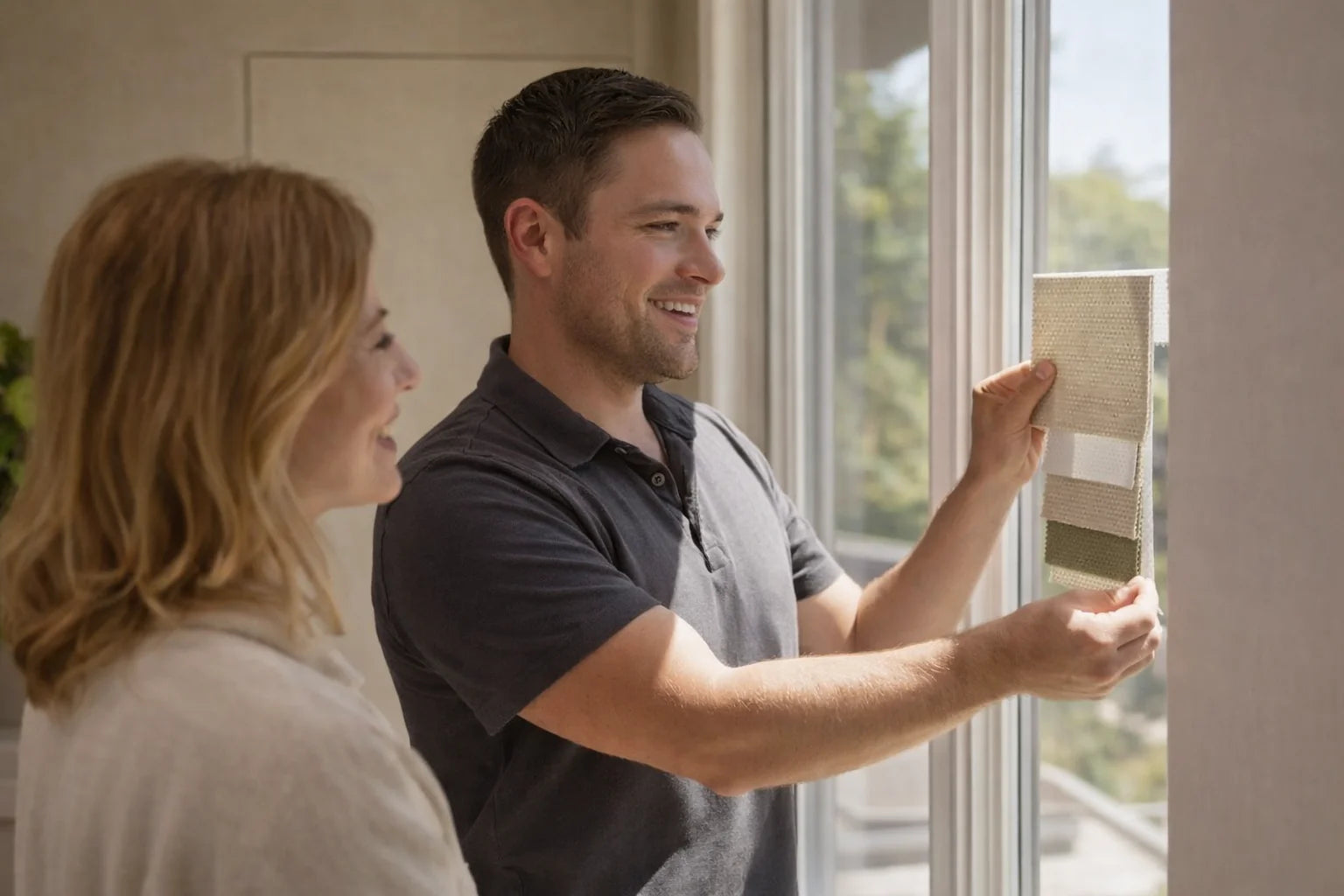 In-home blinds consultation with fabric samples by World of Blinds