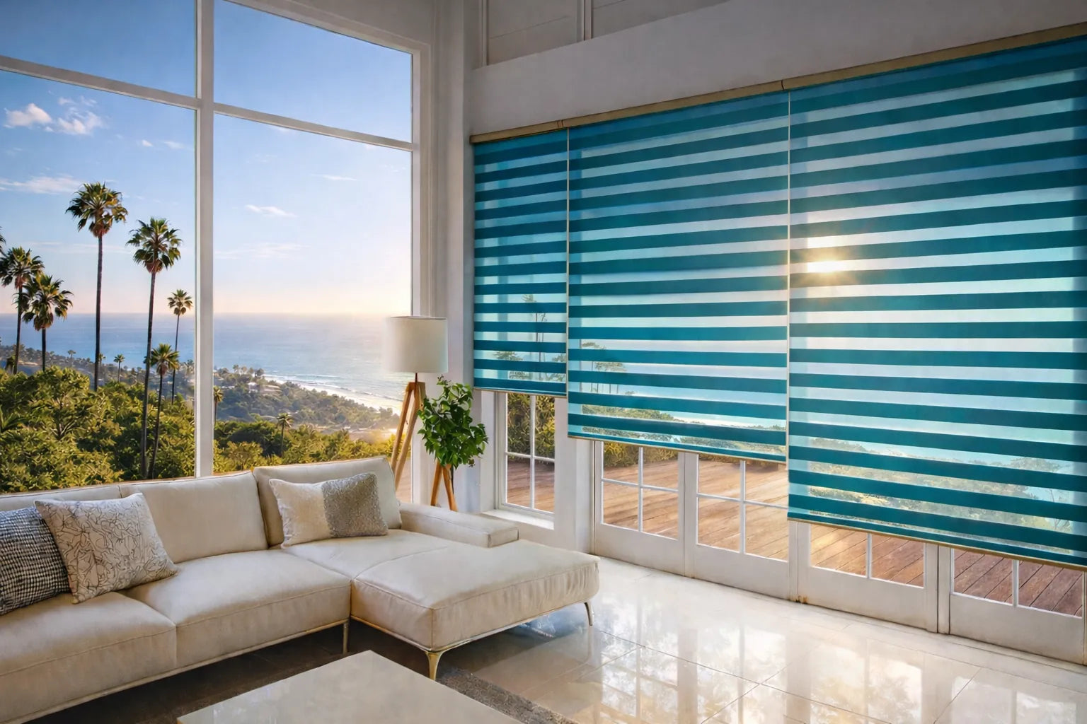 Modern zebra blinds in a bright California living room with ocean view by World of Blinds